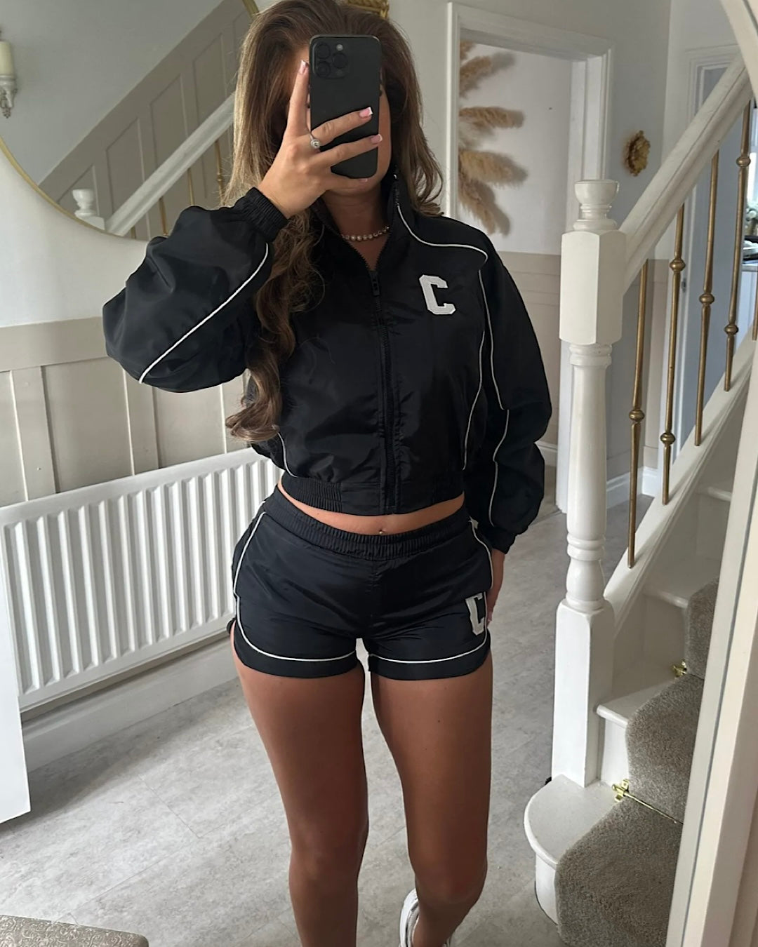 Black White Zip Jacket & Shorts Suit