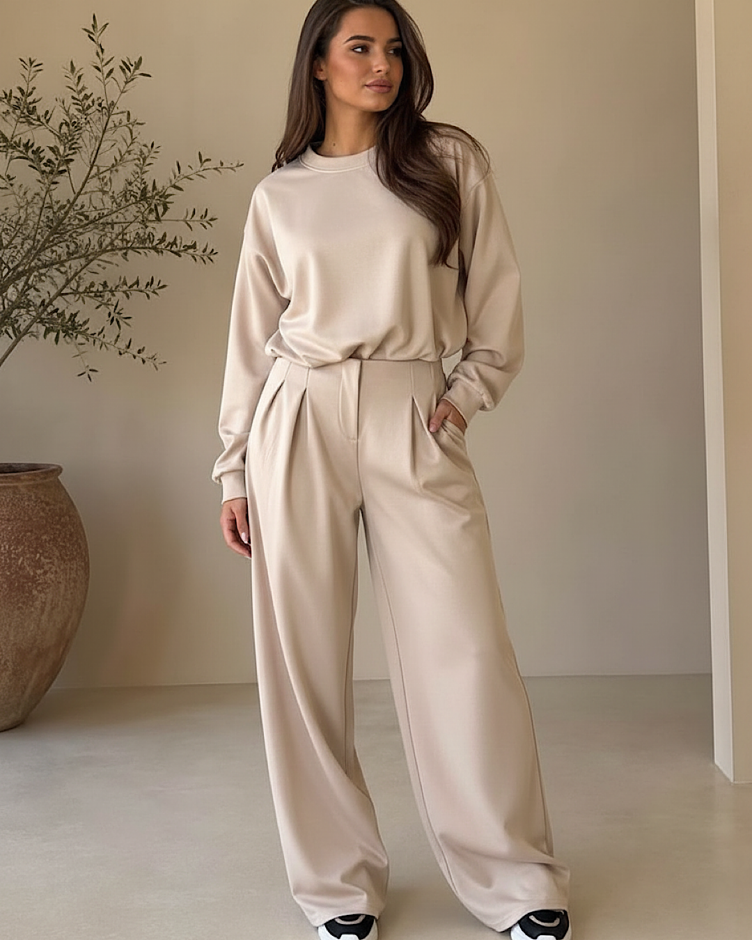 Beige Top & Trousers Suit