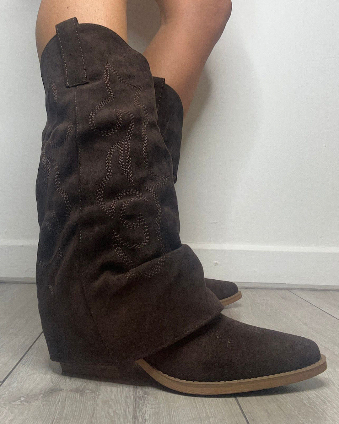 Chocolate Faux Suede Fold Over Cowboy Boots