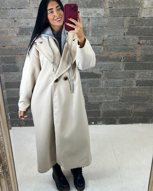 Beige Hooded Wool Coat