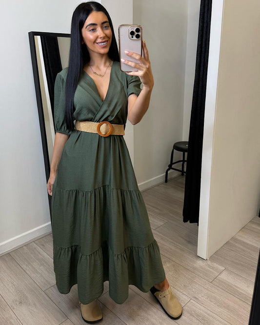Khaki Belted Short Sleeve Maxi Dress