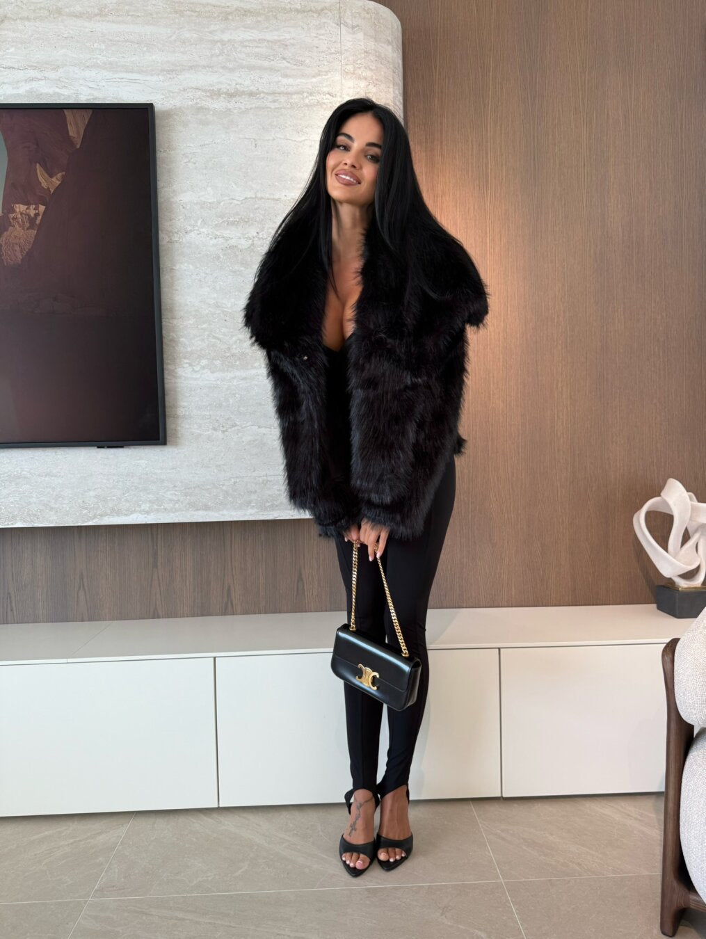 Black Faux Fur Coat with Oversized Collar