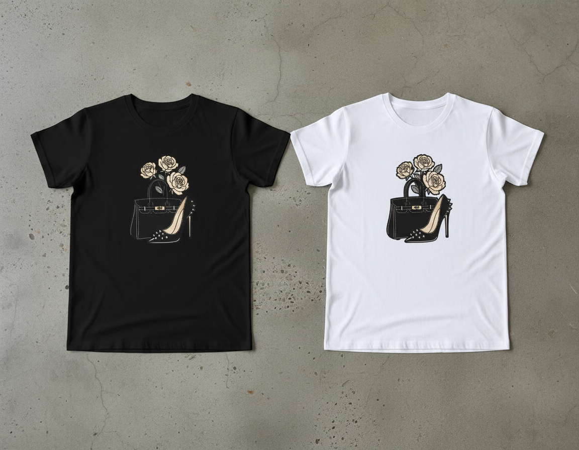 Black Tee with Rose Print