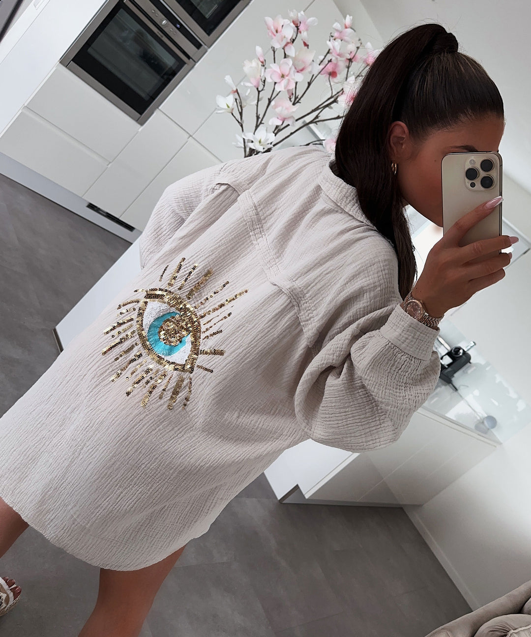 Beige Oversized Sequin Eye  Shirt