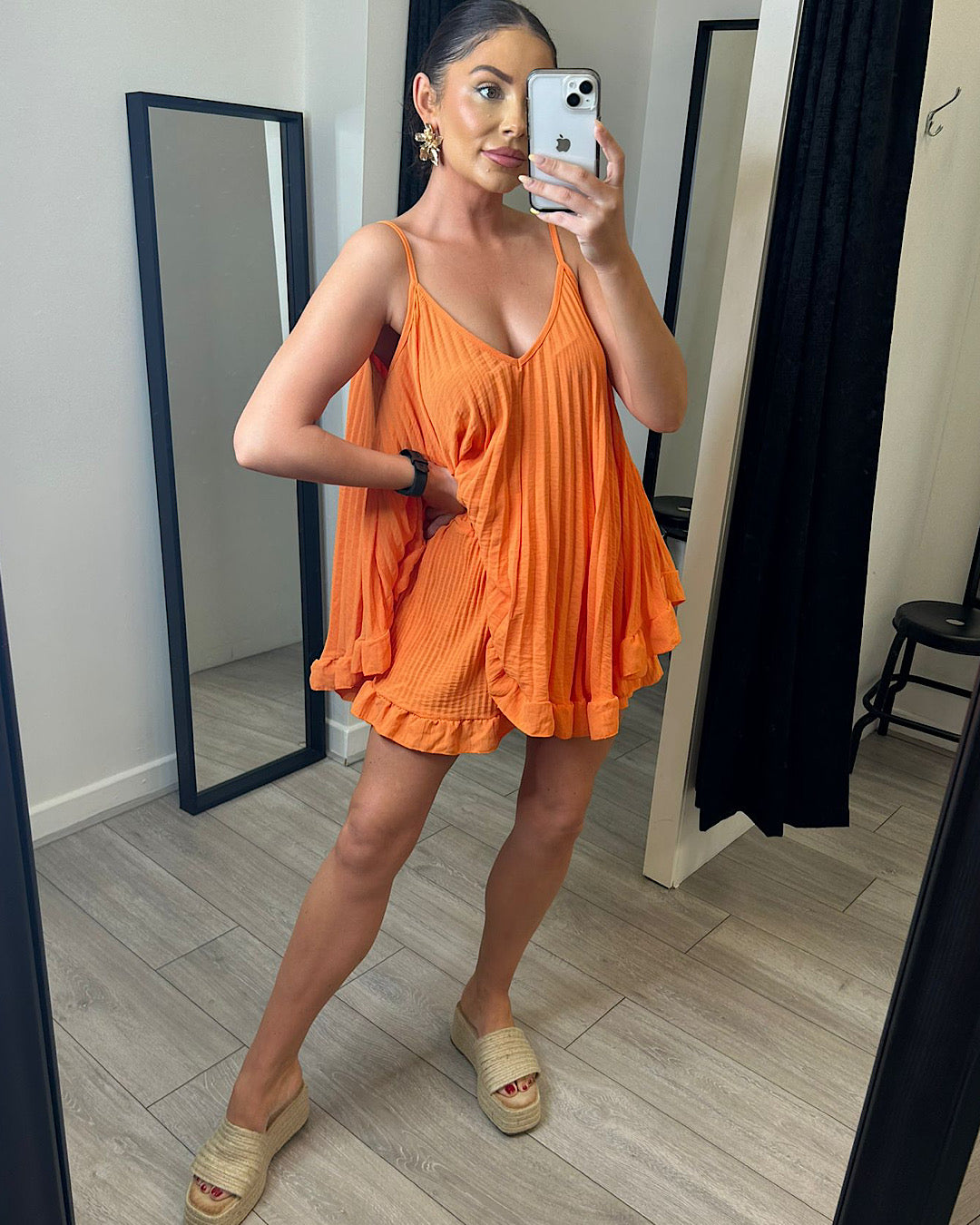 Orange Pleated Top and Shorts Co Ord Suit