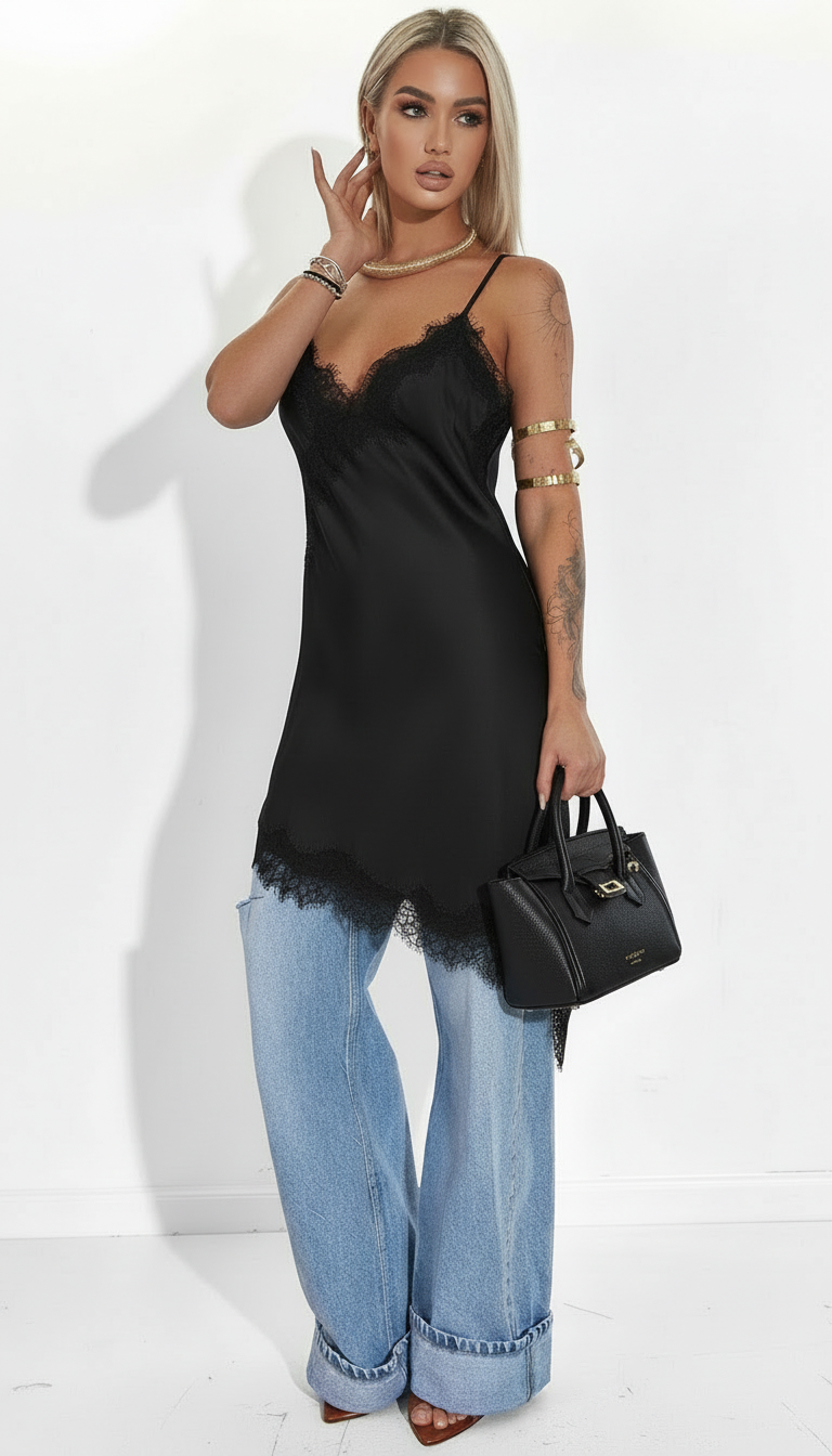 Satin Dress with Lace Hem