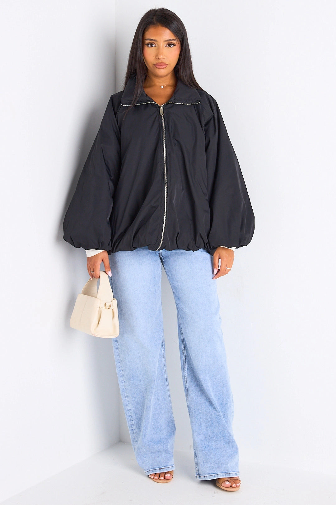Black High Neck Balloon Sleeve Jacket