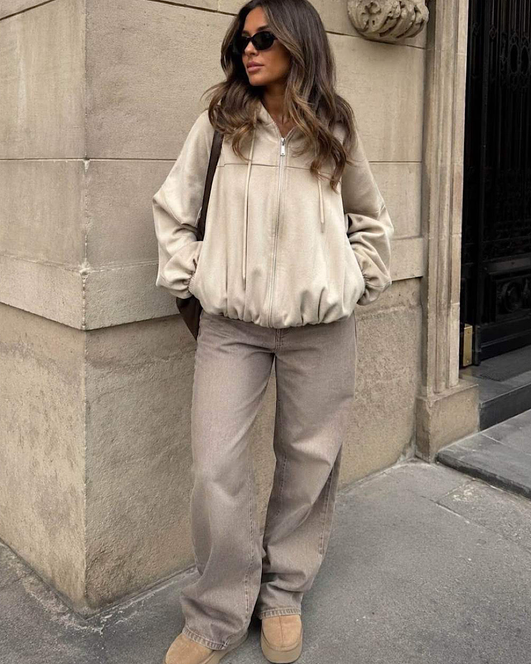 Beige Faux Suede Hooded Jacket