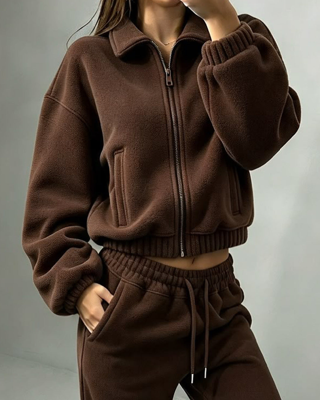 Brown Collared Zip Top & Joggers Suit