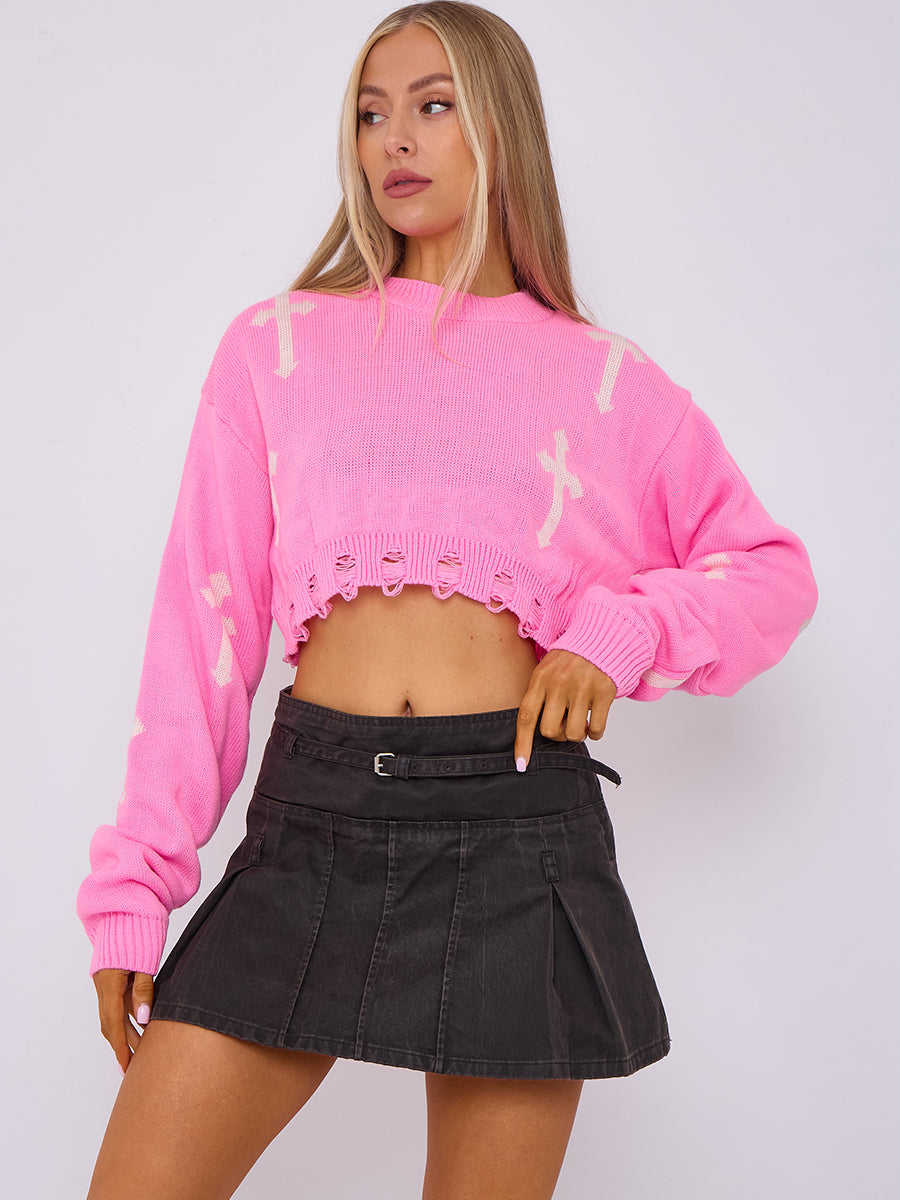 Pink White Cropped Cross Knit