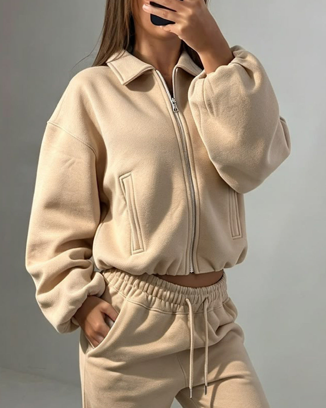 Beige Collared Zip Top & Joggers Suit