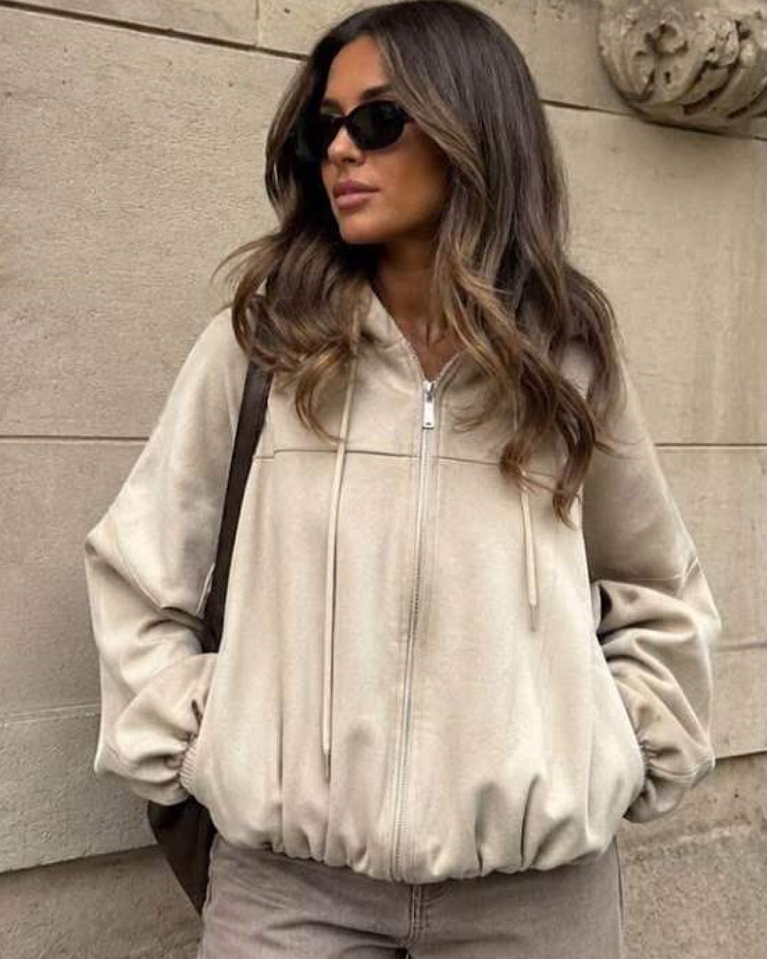 Beige Faux Suede Hooded Jacket