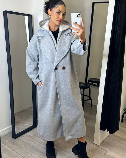 Grey Hooded Wool Coat