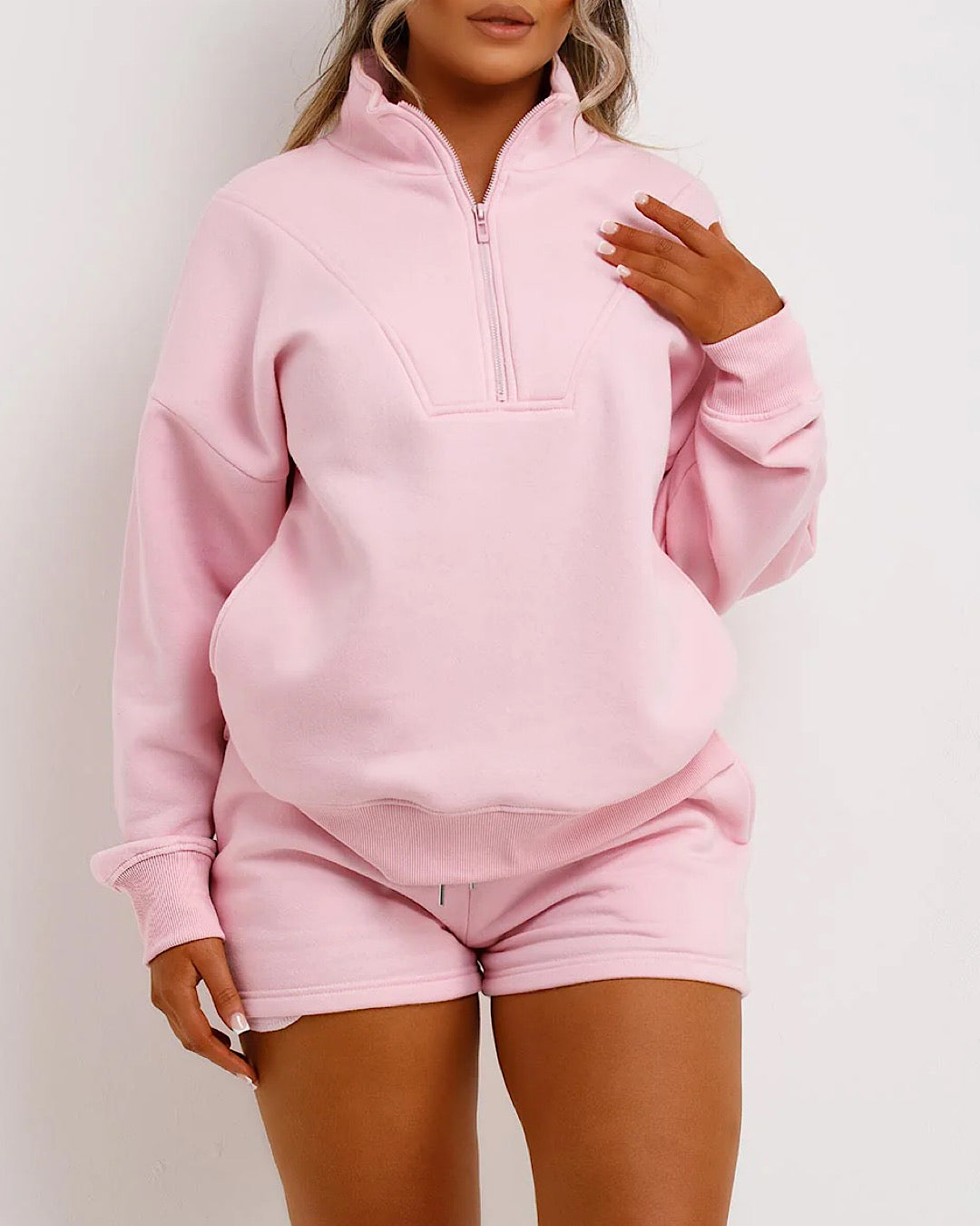 Pink Zip Sweat & Shorts Set