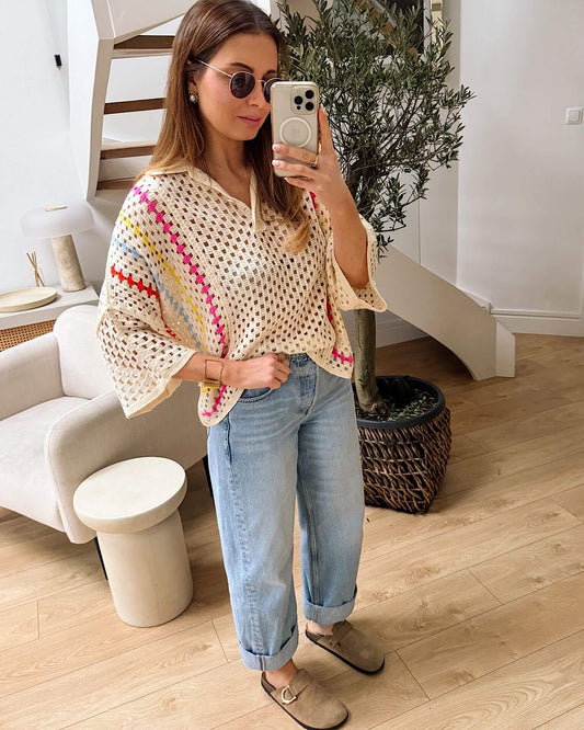 Beige Collared Crochet Knit Top