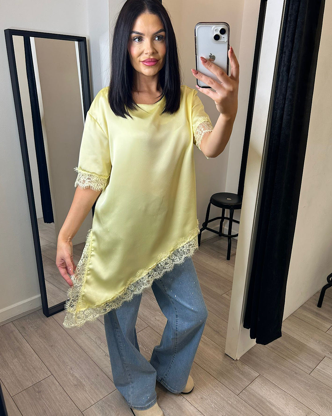 Lemon Satin Top with Lace Hem