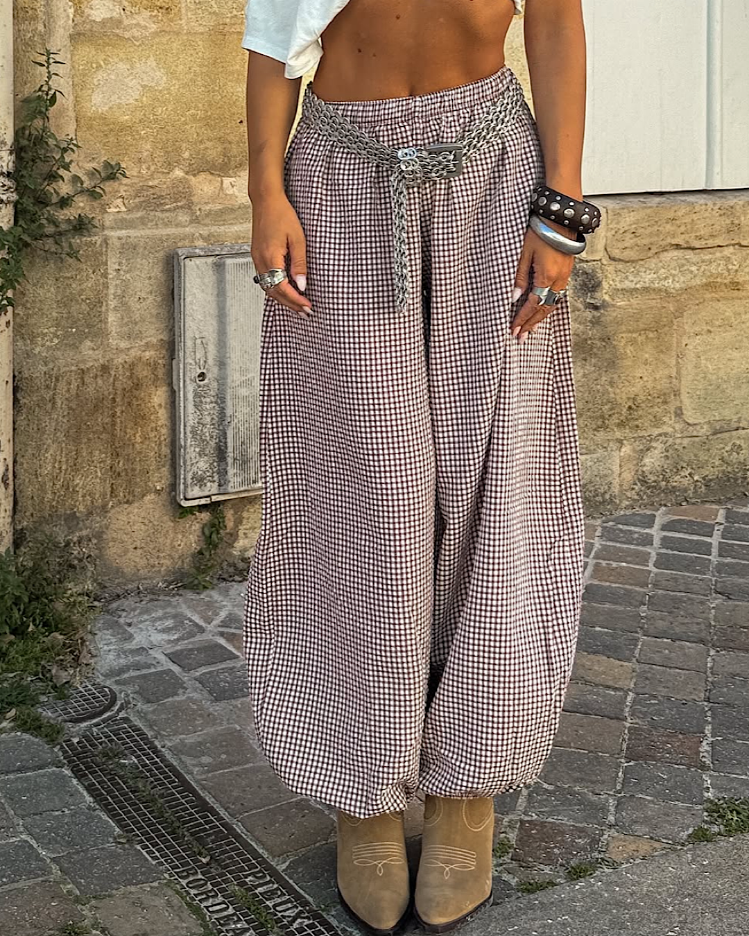 Burgundy Balloon Check Trousers