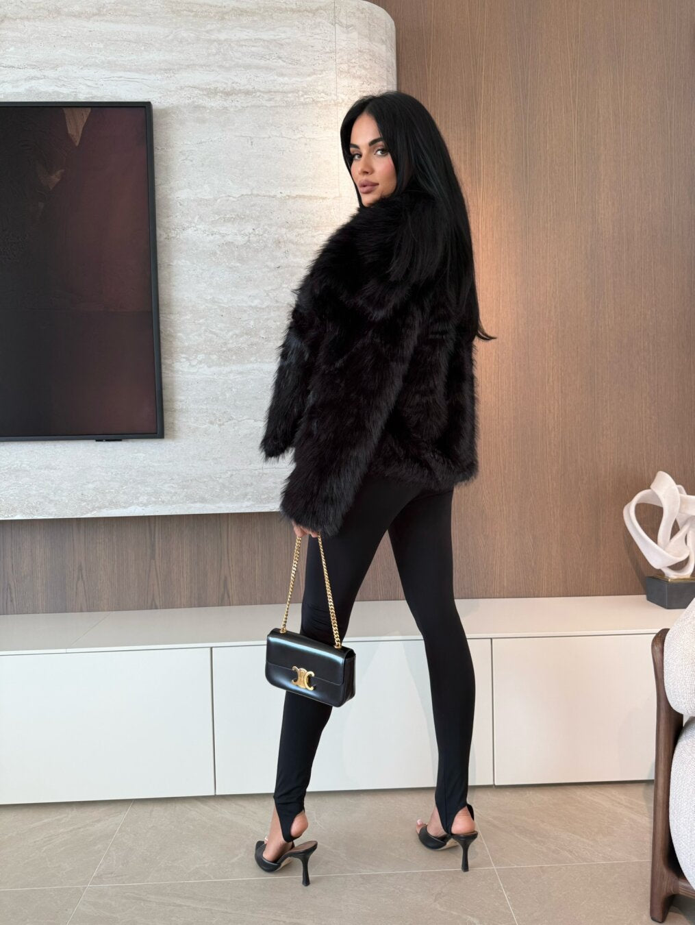 Black Faux Fur Coat with Oversized Collar