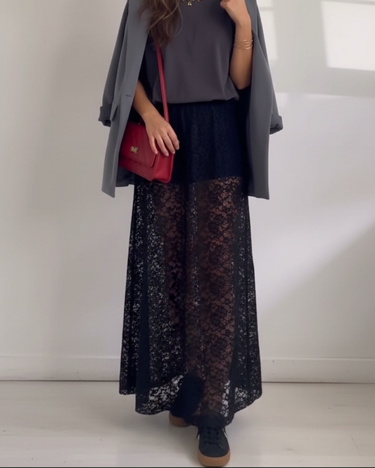 Black Lace Maxi Skirt with Short
