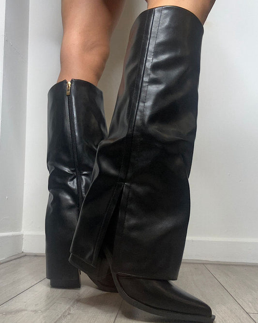 Black Fold Over Western Heeled Boots