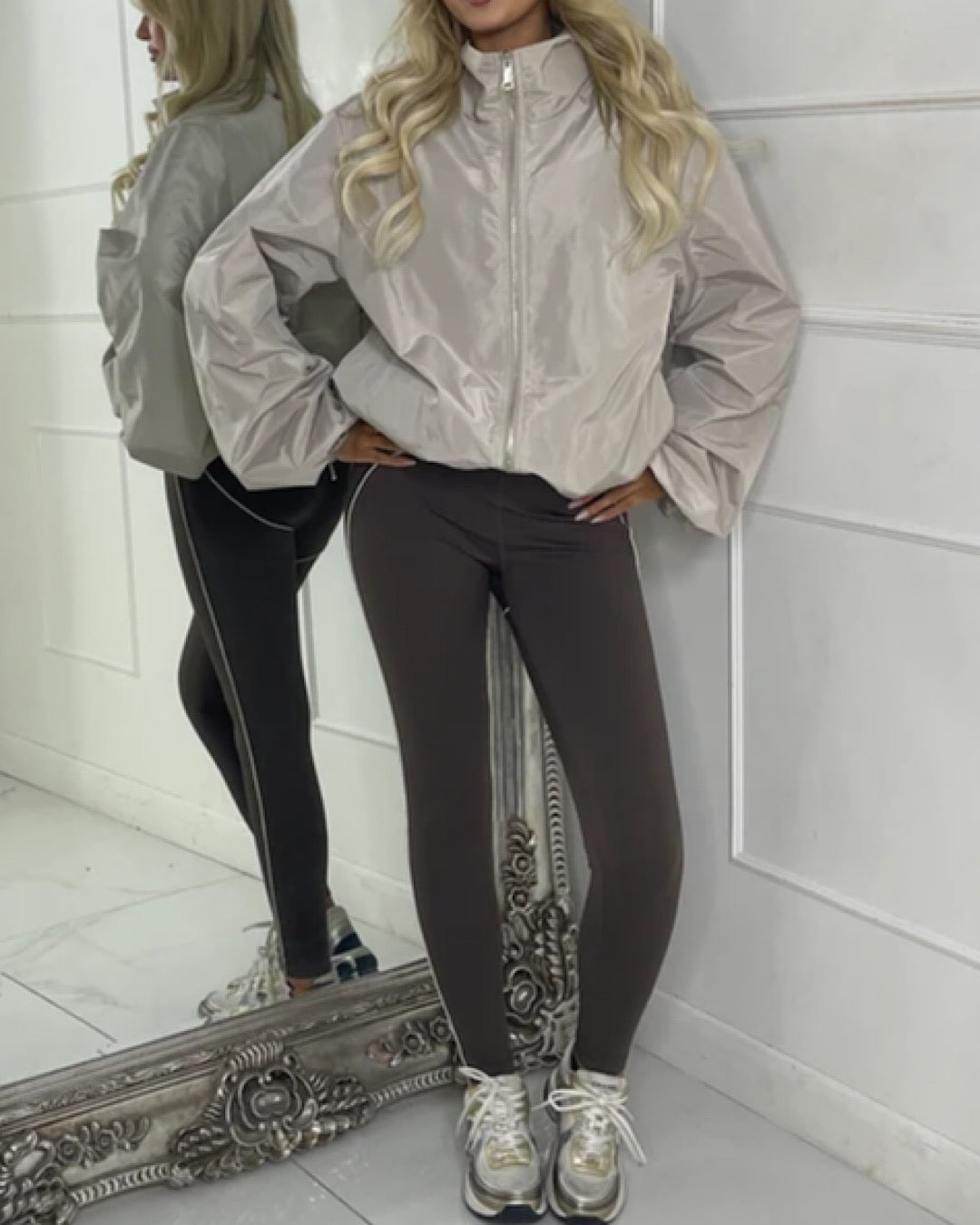 Beige High Neck Oversized Windbreaker Jacket