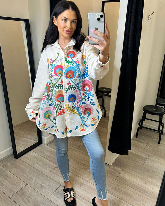 Beige Floral Embroidered Shirt