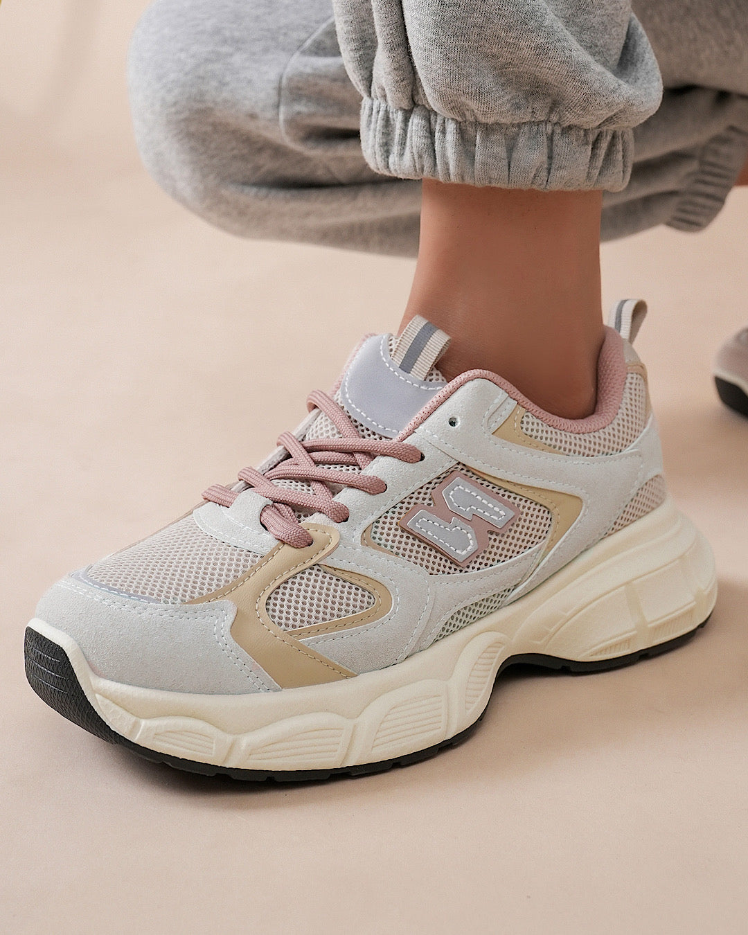 Pink Beige Chunky Lace Up Trainers