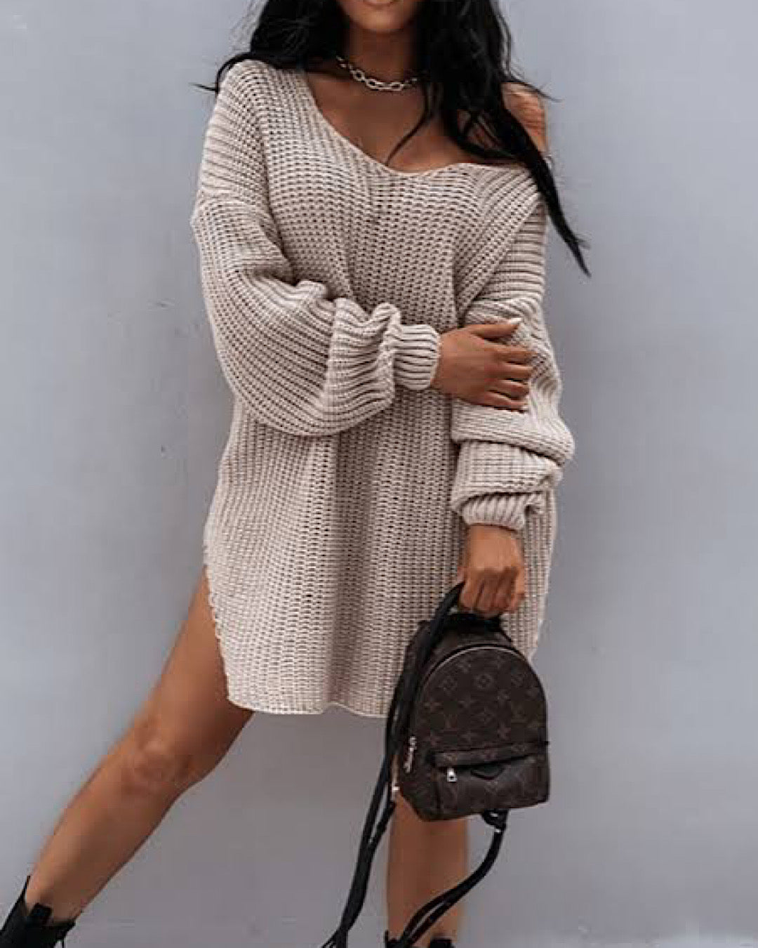 Beige Chunky Ribbed Knit Dress