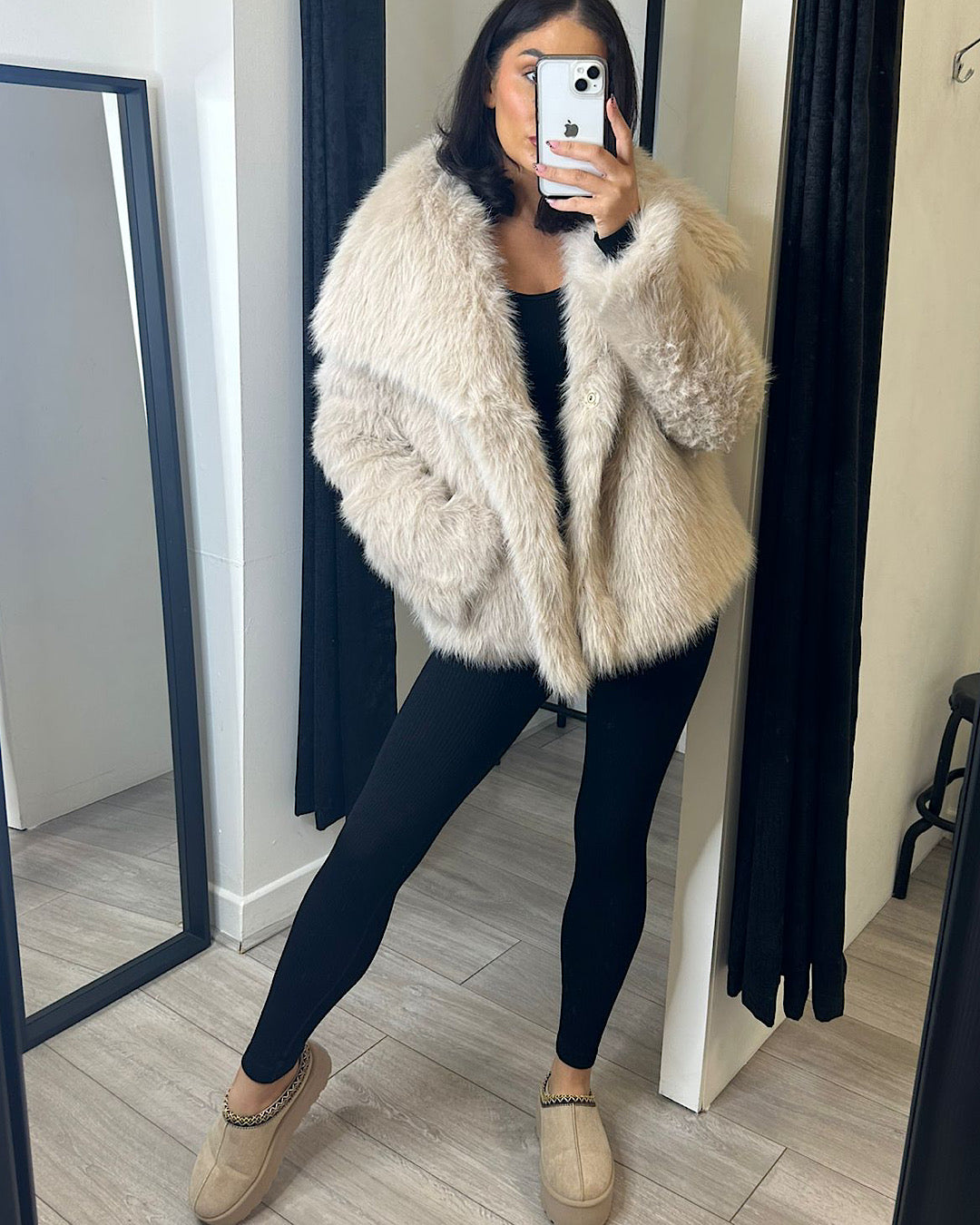 Beige Faux Fur Coat with Oversized Collar