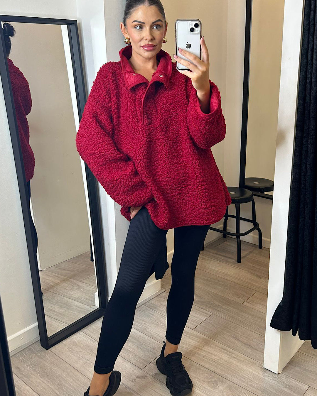 Red High-Neck Teddy Fleece Top