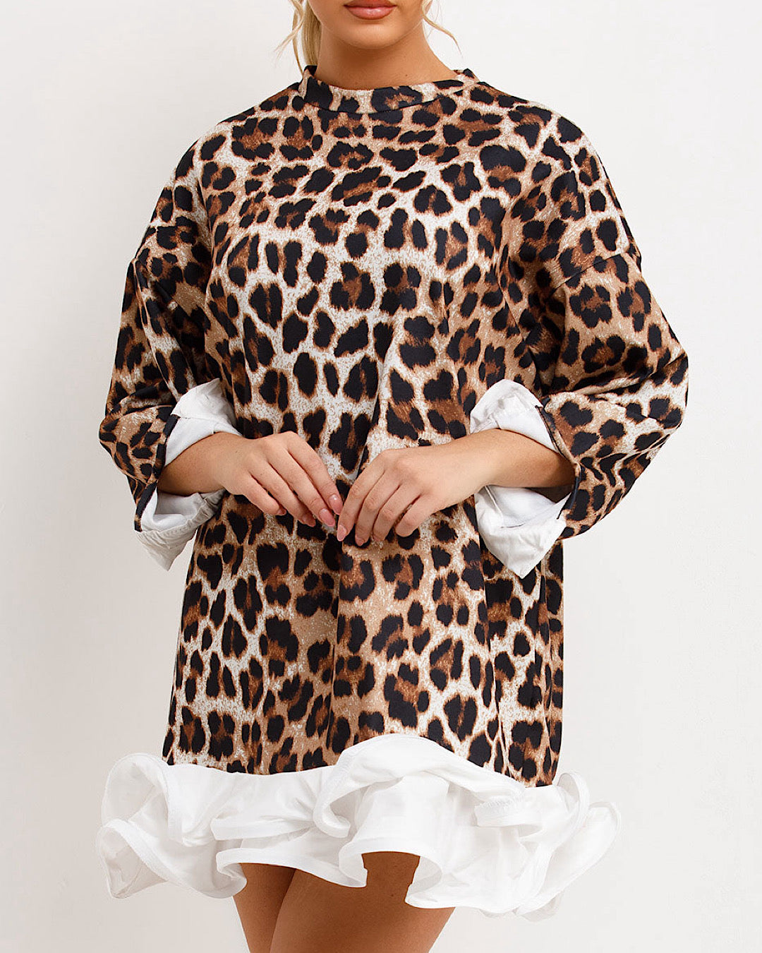 White Frill Hem Leopard Print Sweatshirt Dress