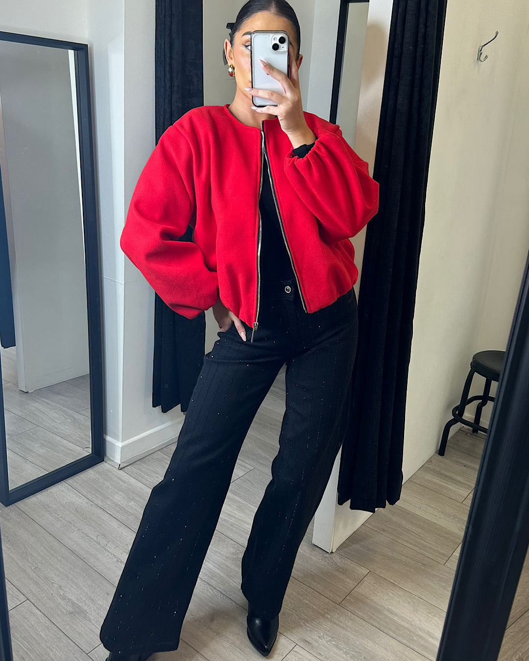 Red Balloon Sleeve Ruched Bomber Jacket