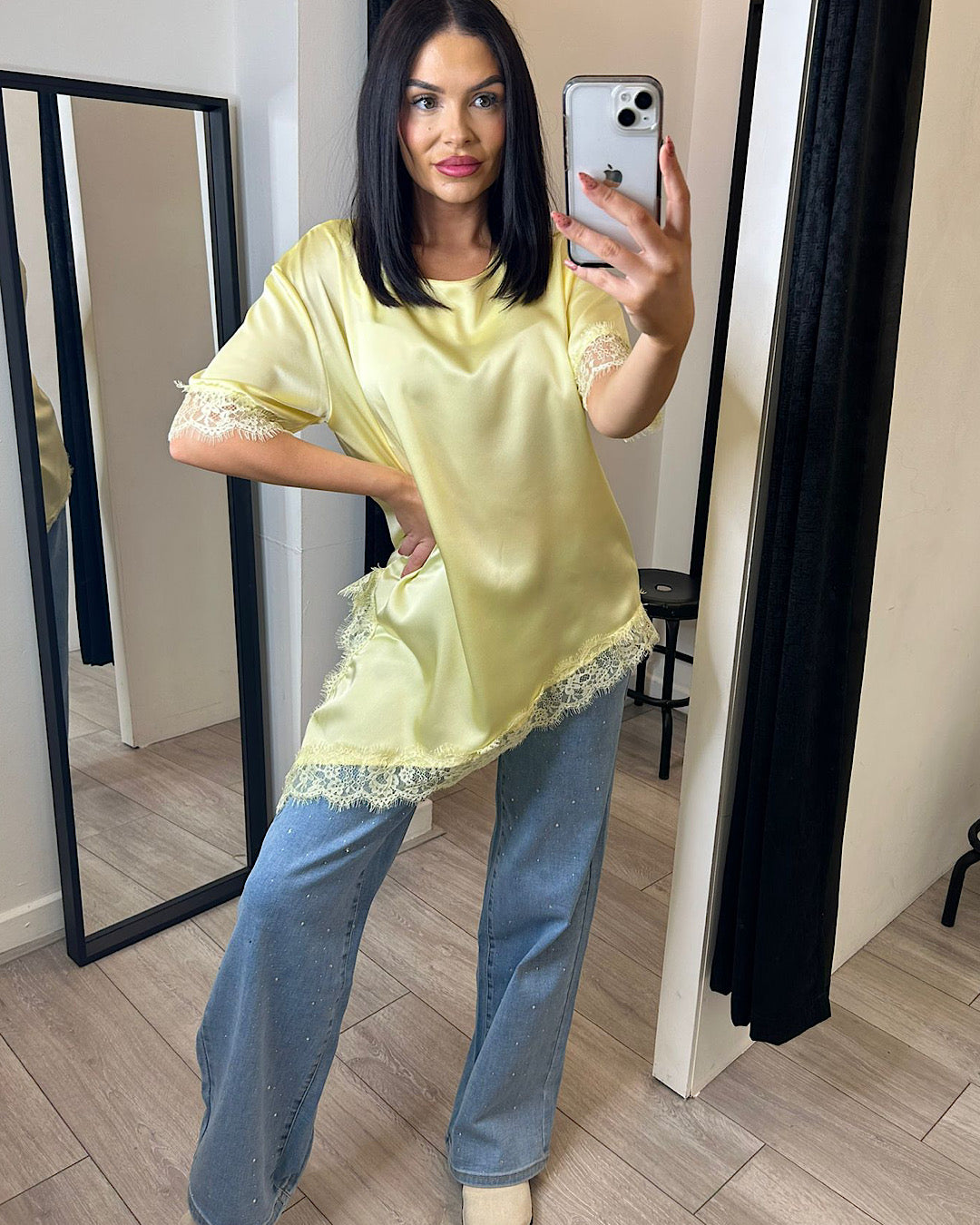 Lemon Satin Top with Lace Hem