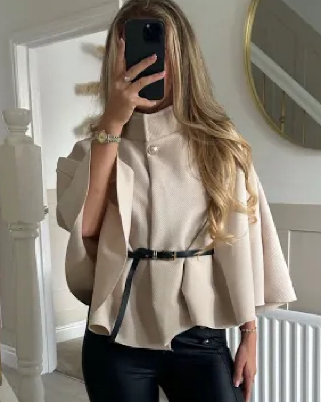 Beige Belted Cape Poncho
