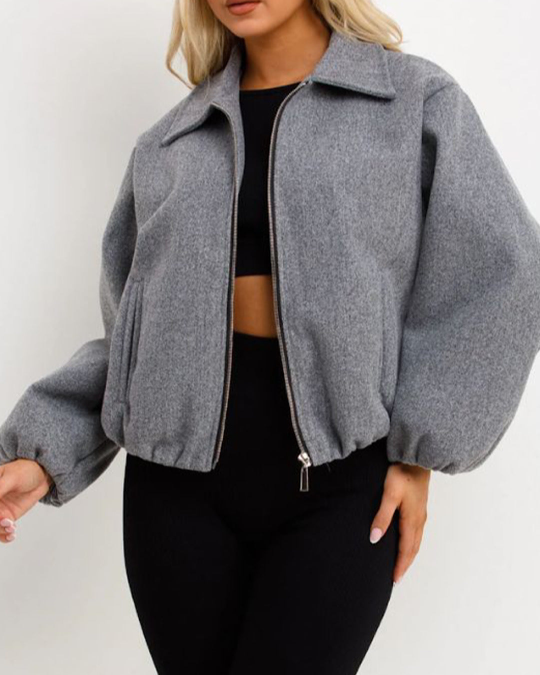 Grey Ruched Bomber Jacket with Zip