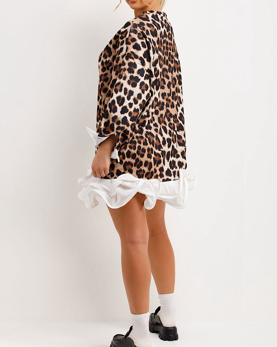 White Frill Hem Leopard Print Sweatshirt Dress