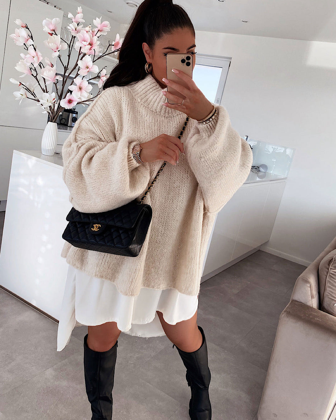 Beige Oversized Knit Dress
