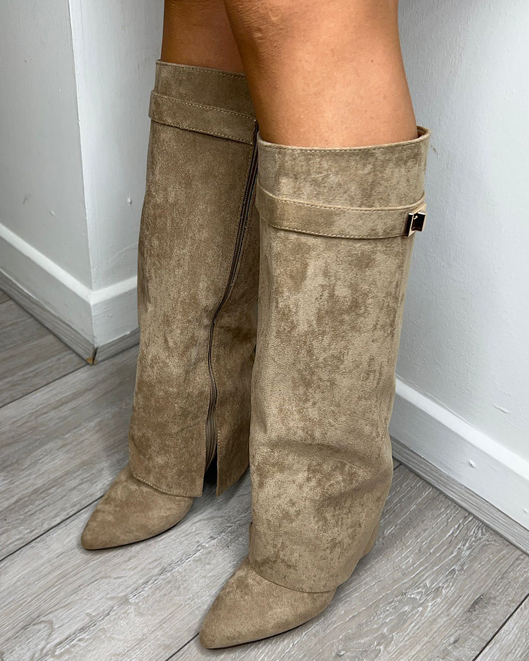 Beige Faux Suede Buckle Knee Boots