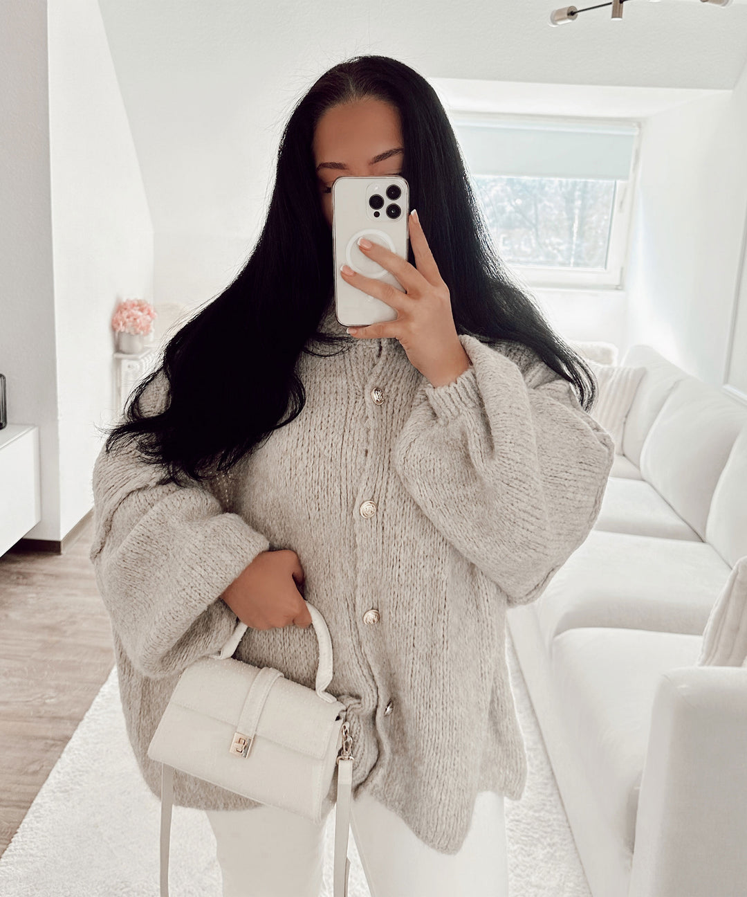 Beige Oversized Cardigan with Gold Buttons