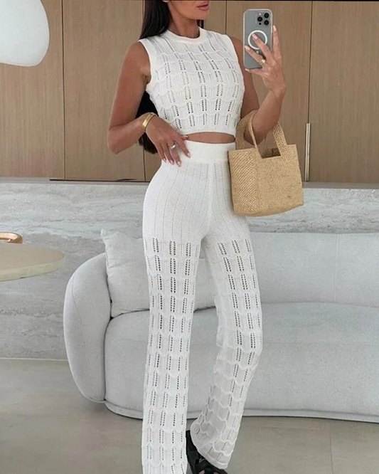 White Knit Top & Trousers Set