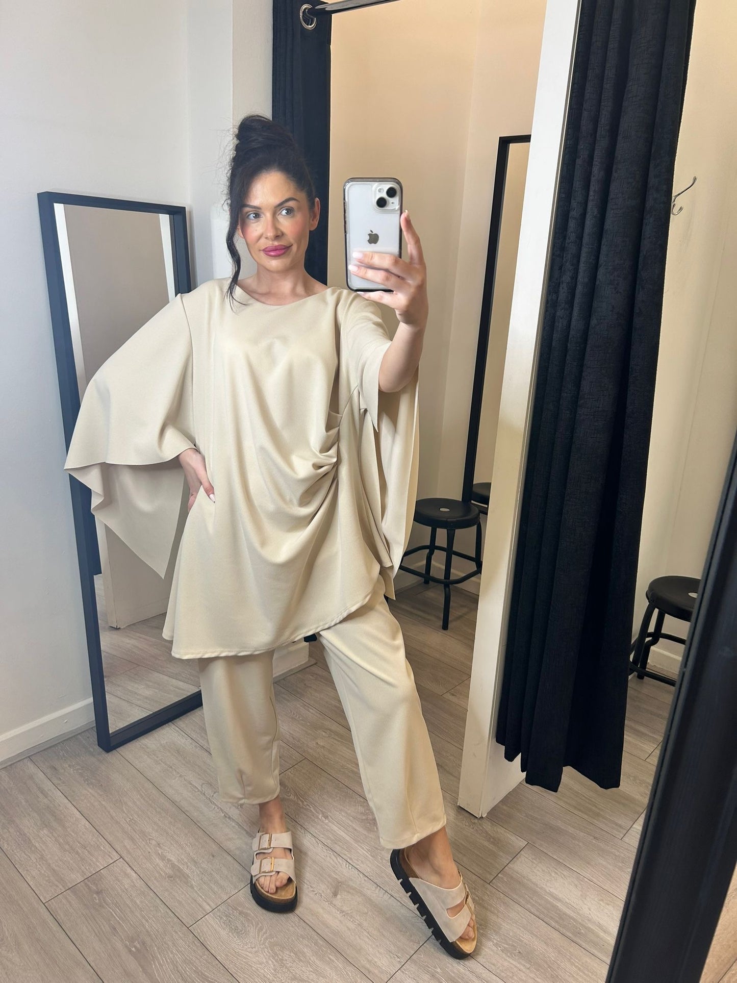 Beige Drape Top and Trousers Set