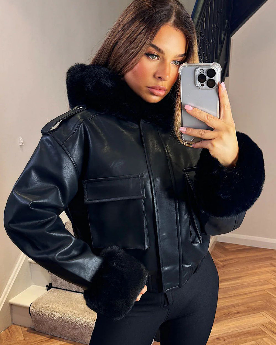 Black Faux Leather/Fur Coat