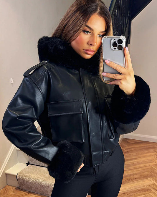 Black Faux Leather/Fur Coat