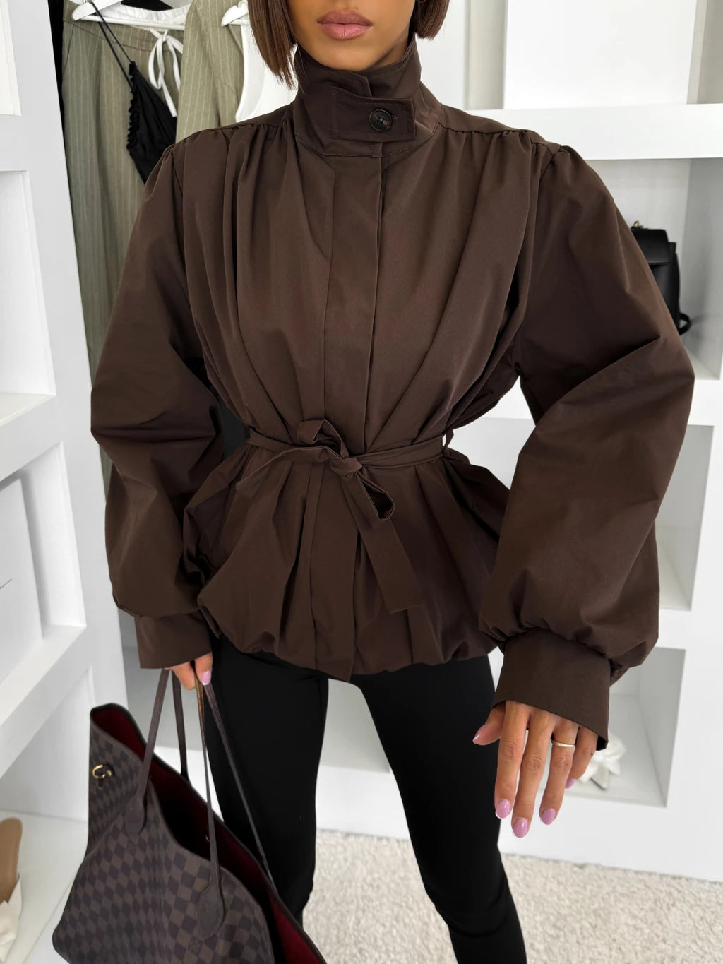 Brown Puff Hem Funnel Neck Coat