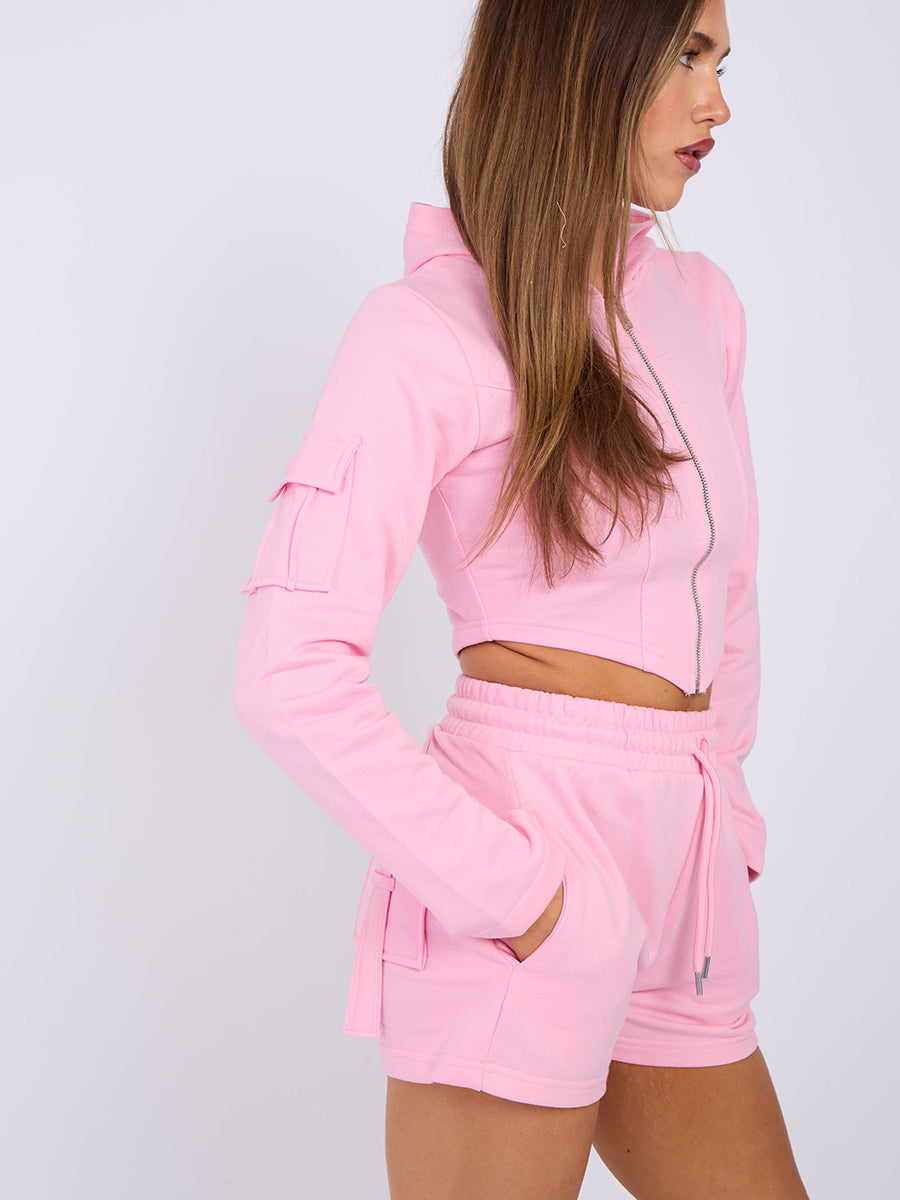 Pink Cropped Hooded Jacket & Shorts Set
