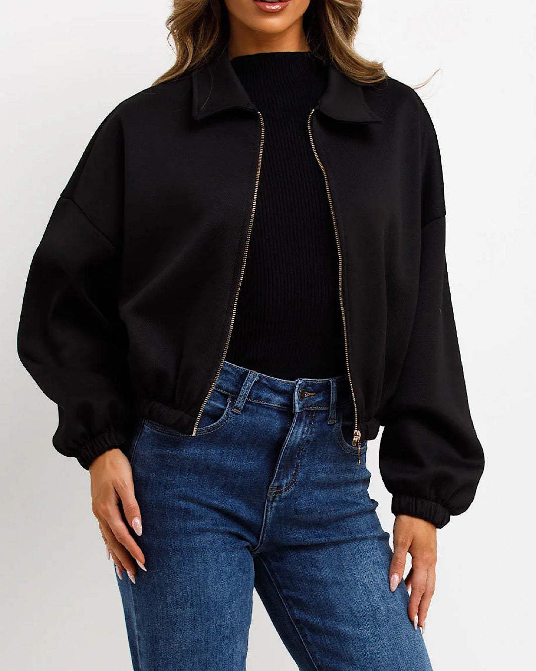 Black Ruched Bomber Jacket with Zip