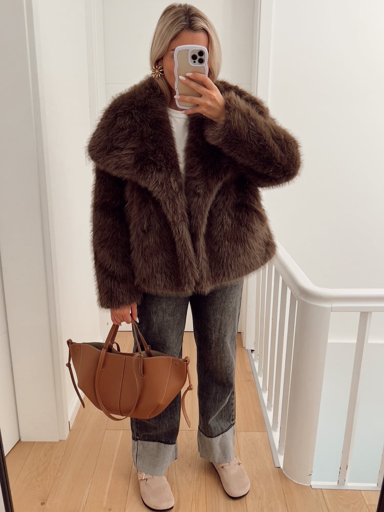 Chocolate Faux Fur Coat with Oversized Collar