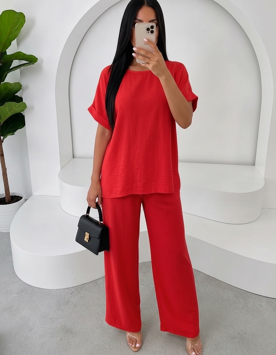 Red Top and Trousers Co Ord Suit
