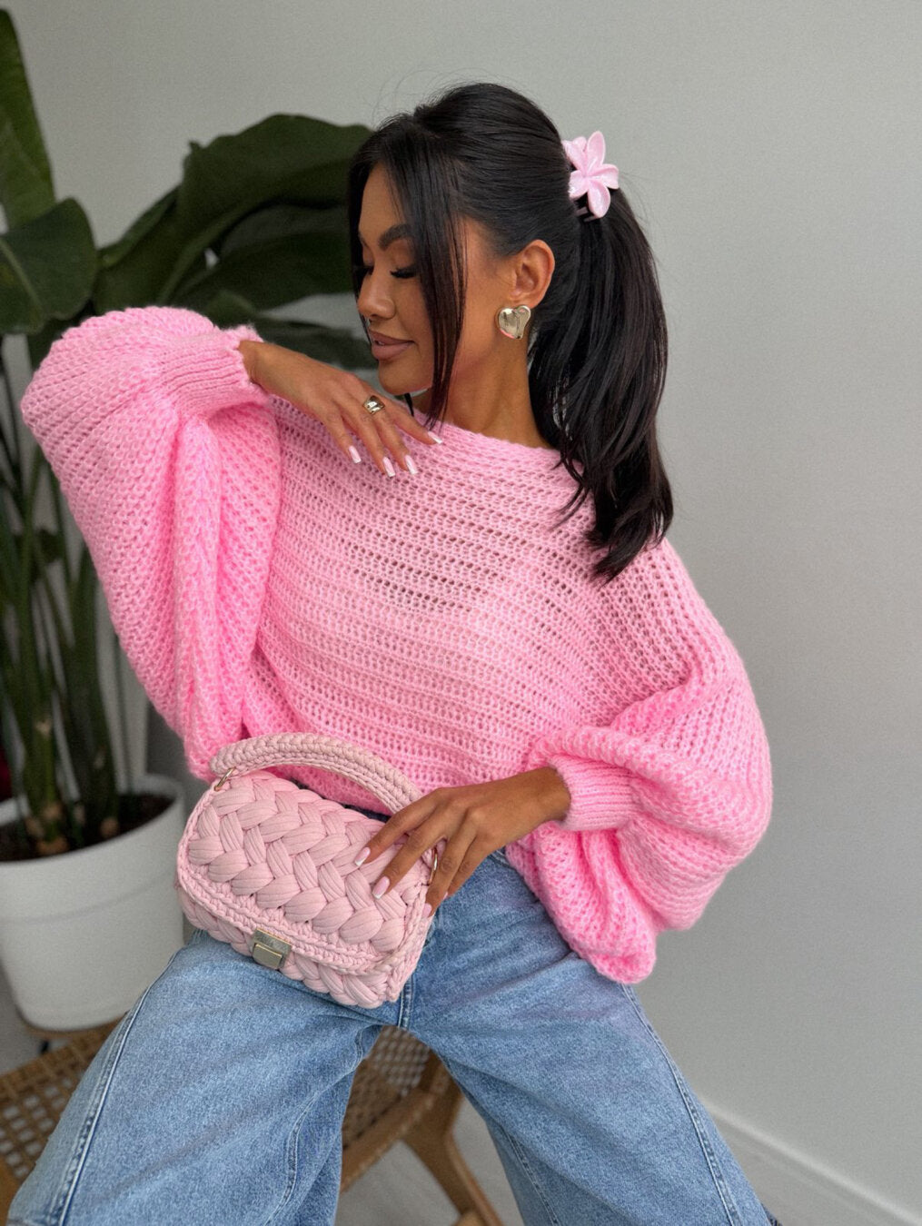 Pink Batwing Knot Back Knit