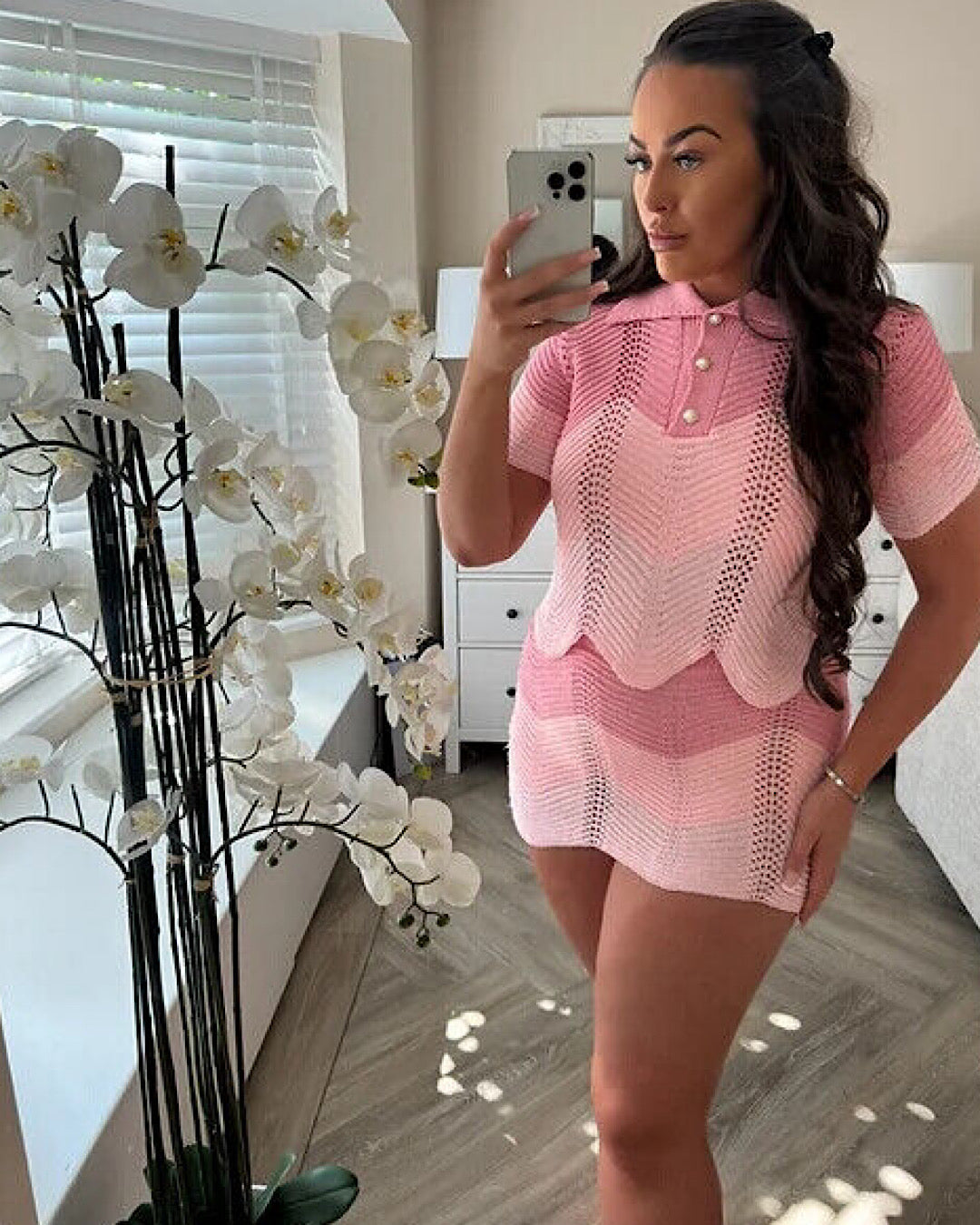 Crochet Polo Knit Top and Skirt Suit